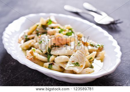 Appetizer of squid in a spicy marinade. Selective focus.
