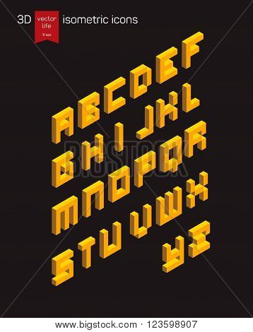 Isometric alphabet font. Gold isometric typography. 3D isometric letters for web and mobile device