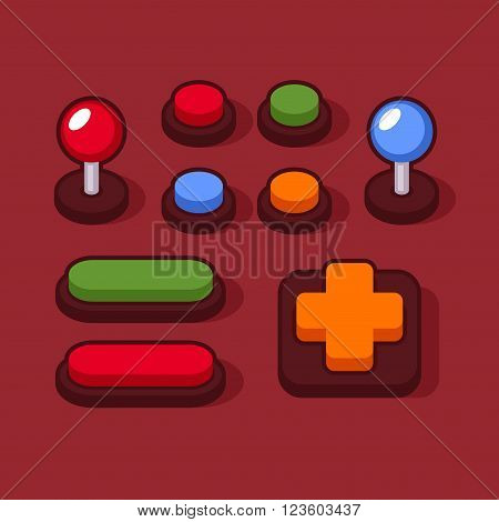 Colorful Buttons and Joysticks Set for Arcade Machine. Vector illustration