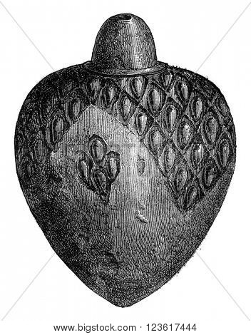 Ceramic Museum of Sevres, Greek fire grenade, black sandstone of the thirteenth century, vintage engraved illustration. Magasin Pittoresque 1876.