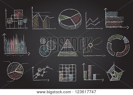 Chalk board charts. Chalkboard doodle diagrams. Vector illustration