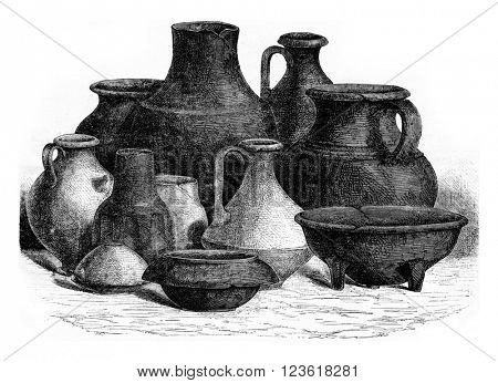 Gallic pottery, vintage engraved illustration. Magasin Pittoresque 1873.