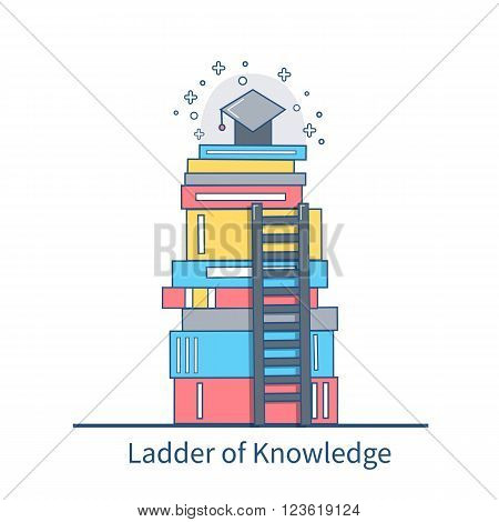 Education vector flat thin line illustration.Books stack with graduate cap on top and ladder over heap of books. Steps to knowledge in university and college classes.