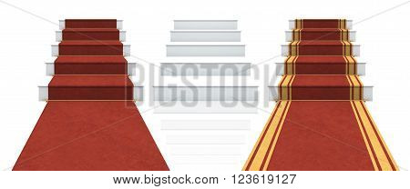 Collection of isolated white stairs with red carpet