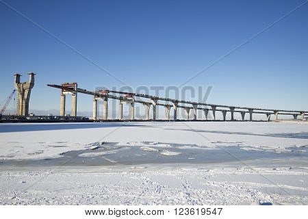 The construction of the Central section of the Western high-speed diameter in the Gulf of Finland. Saint-Petersburg, Russia
