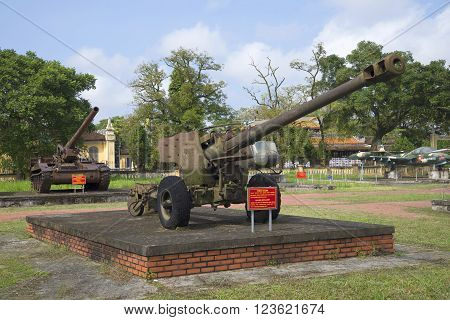 HUE, VIETNAM - JANUARY 08, 2016: American 122-mm gun in Hue. The landmark of Hue, Vietnam