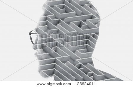 Photo of stylish bearded lawyer wearing glasses and looking city. Double exposure, labyrinth background. Isolated white.