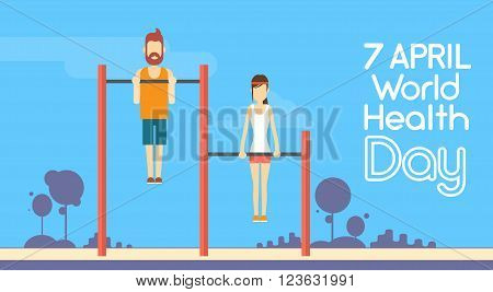 Sport Fitness Man Woman Chin Up Bar Exercise Workout World Health Day 7 April Holiday Flat Vector Illustration