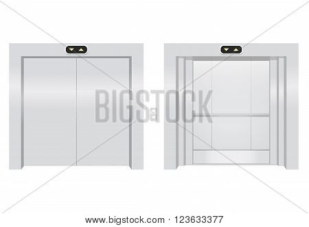 Open and close elevators. Realistic vector illustration. Metal lift