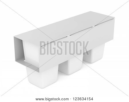3D Illustration of packs of three plastic containers for yogurt ice cream pudding or other products