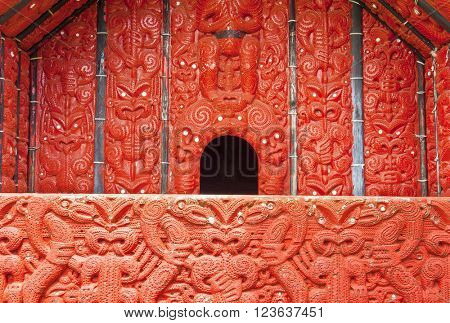 Detail of an old beautiful maor templei carving, Rotorua, New Zealand