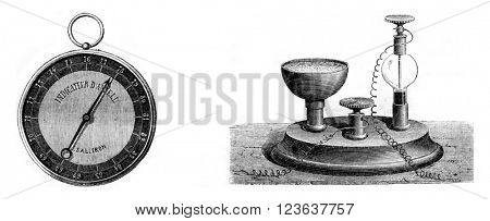 Ansell equipment to recognize the presence of fire-damp, vintage engraved illustration. Magasin Pittoresque 1869.