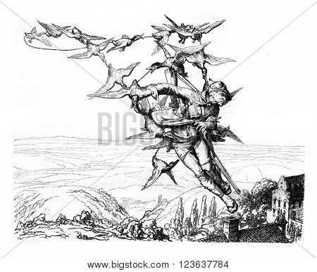 An Adventure of Baron Munchausen, printmaking Mr Schroedter, vintage engraved illustration. Magasin Pittoresque 1867.