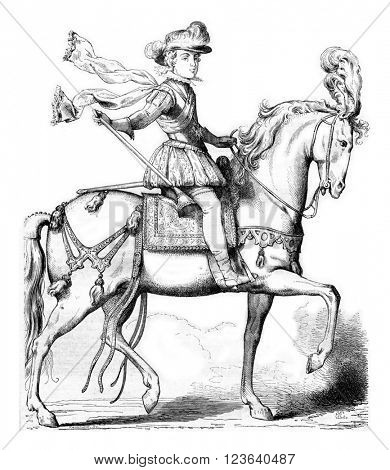 King on horseback, after an anonymous engraving of 1615, Collection of the History of France, vintage engraved illustration. Magasin Pittoresque 1857.