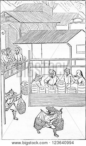 After baking, the oven is opened, vintage engraved illustration. Magasin Pittoresque 1857.
