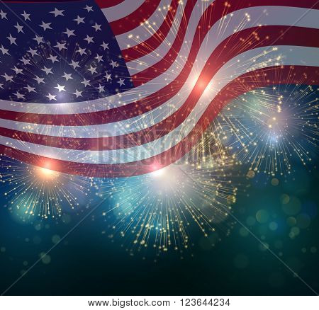 United States flag. Fireworks background for USA Independence Day. Fourth of July celebrate