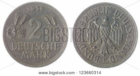 2 Mark 1951 Coin Isolated On White Background, Germany