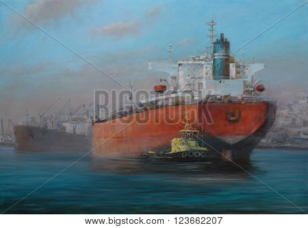 Tanker ships, classic handmade oil painting on canvas