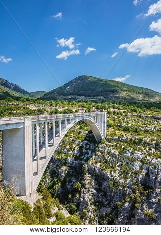 The white bridge over tributary of the River Verdon Artuby, from which arranged jumping. Canyon of Verdon, Provence, France. The largest alpine canyon Verdon