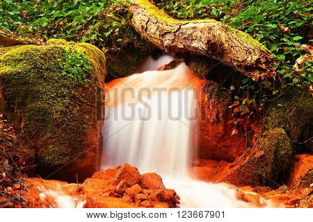 Cascades in rapid stream of mineral water. Red ferric sediments on big boulders between ferns