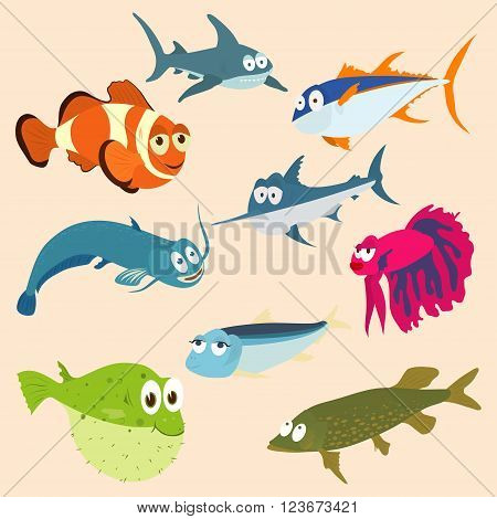 Cute Fish Vector Illustration Icons Set. Fish Flat Style Vector Illustration. Fish Icons Isolated. T