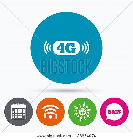 Wifi, Sms and calendar icons. 4G sign icon. Mobile telecommunications technology symbol. Go to web globe.
