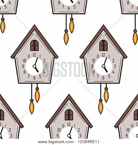 Seamless pattern with cuckoo clock on white background. Vector illustration