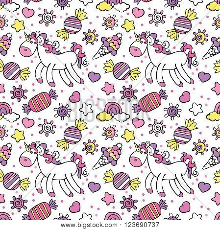 Unicorn. Ice cream, candy. Rainbow and cloud. Sprockets, hearts and circles. Vector seamless pattern (background).