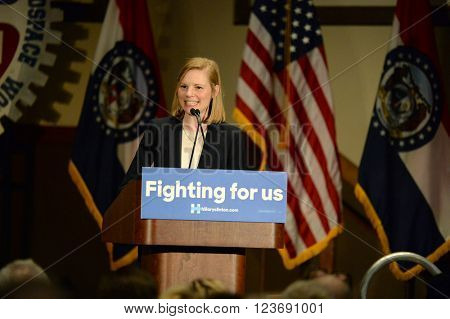 Bridgeton, MO, USA - March 08, 2016: Missouri Auditor Nicole Galloway speaks to supporters of presidential democratic candidate Hillary Clinton, at District 9 Machinists Hall in Bridgeton, Missouri.