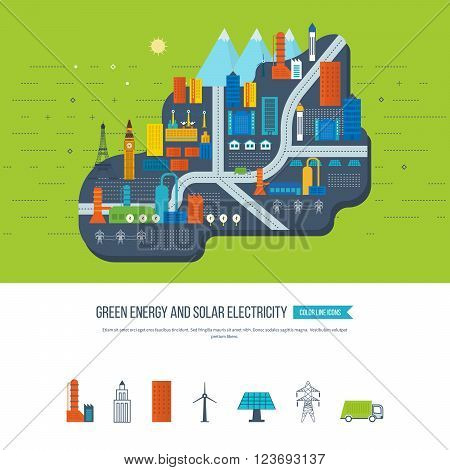Flat green energy, ecology, eco, clean planet, urban landscape and industrial factory buildings concept vector icon banners template set. Infographic energy template design
