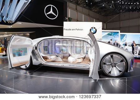 GENEVA, SWITZERLAND - MARCH 1: Geneva Motor Show on March 1, 2016 in Geneva, Mercedes-Benz F 015 Concept Vehicle, side view