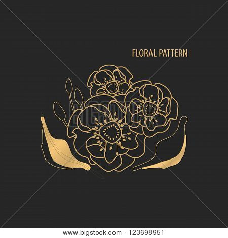 Golden flower decorative blossom on black background