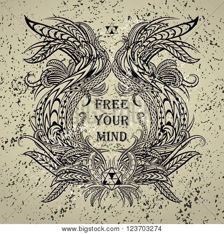 Motivation Free your mind in ethnic frame. Text lettering of an inspirational saying. Quote Typography Poster Template. Vector illustration.