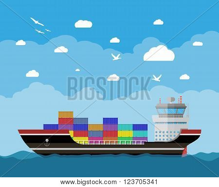 Cargo ship in water, blue sky with clouds and seagulls. Freight shipping by water. Commercial container ship, industrial and logistic, vector illustration in flat design