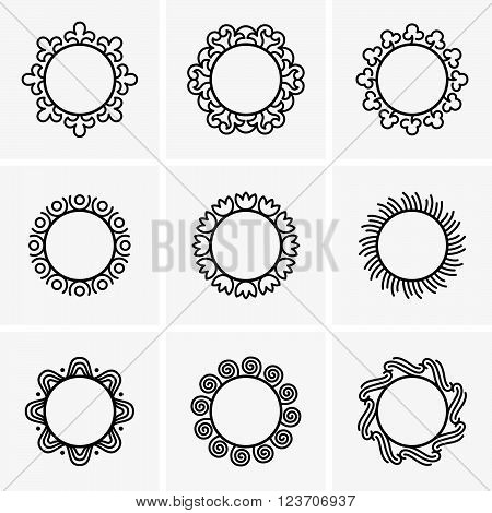 Set of nine decoretive round frames on grey background