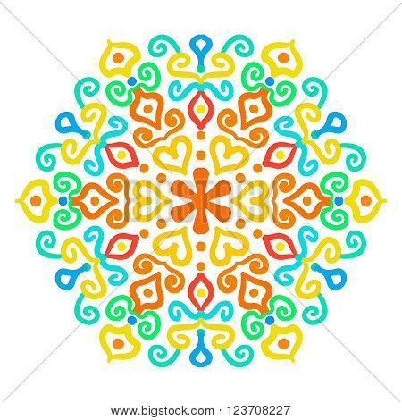 Bright Hexagon Ornament from colorful elements. Abstract flower motif. Vibrant colors in vector ornament. Bright decorative element for your design.