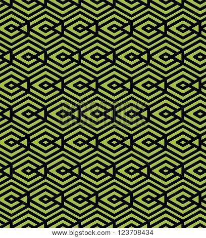 Green abstract seamless pattern with interweave lines. Vector ornament. Endless decorative background geometric tracery with rhombs.