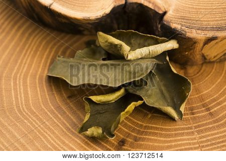 Cassia leaves on wooden background. macro view