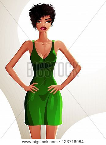 Full-length portrait of a gorgeous brunette sexy lady wearing a bright summer dress colorful drawing. Vector illustration of a stylish  lady holding her hands on a waist.