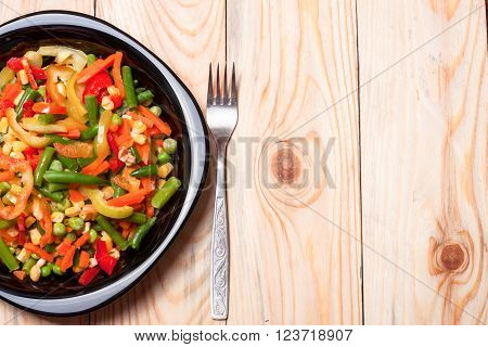 Mexican Mix of Vegetables. Tomatoes, Beans, Celery Root, Green Beans, Peas, Corn. Dietary Food.