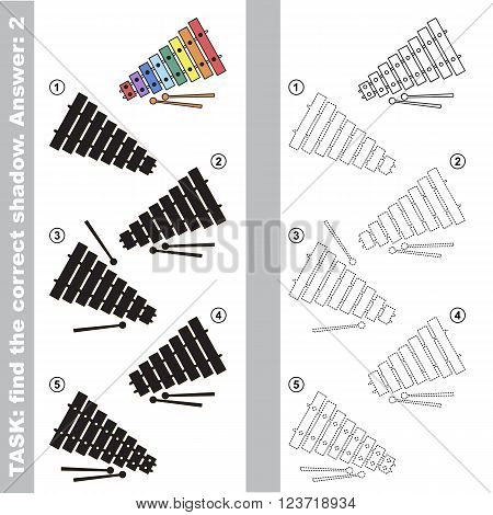 Xylophone with different shadows to find the correct one. Compare and connect object with it true shadow. Visual game for children.