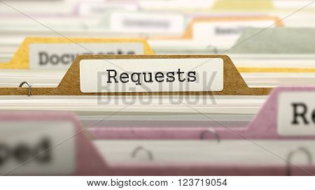 Folder in Colored Catalog Marked as Requests Closeup View. Selective Focus. 3D Render.