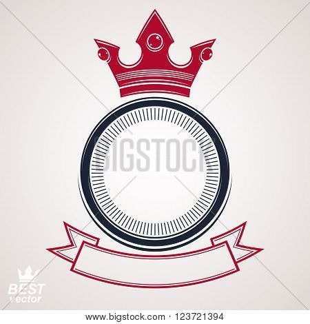 Vector circle with 3d decorative royal crown and festive ribbon luxury coat of arms. Heraldic coronet symbol best for graphic and web design.