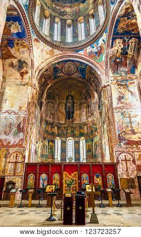 Gelati, Georgia - January 11, 2016: Interior of Gelati Monastery near Kutaisi. It is a medieval complex recognized by UNESCO