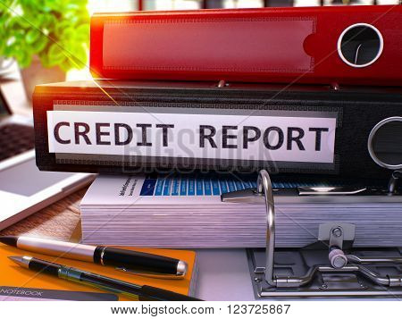 Black Office Folder with Inscription Credit Report on Office Desktop with Office Supplies and Modern Laptop. Credit Report Business Concept on Blurred Background. Credit Report - Toned Image. 3D.