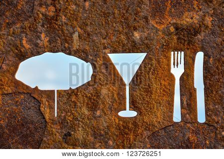 Classic Vintage Old Rusty Oxidated Restaurant Sign With Fork and Knife