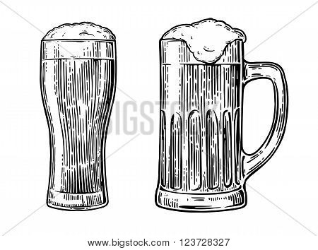 Beer glass mug bottle. Vector vintage engraved illustration isolated on white background