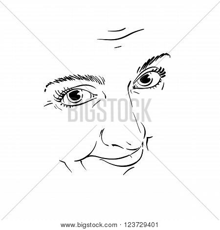 Black And White Illustration Of Lady Face, Delicate Visage Features. Eyes And Lips Of A Woman Feelin