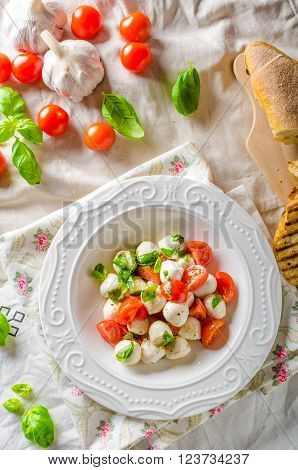 Salad with mini mozzarella tomatoes olive oil and basil pesto panini baquette