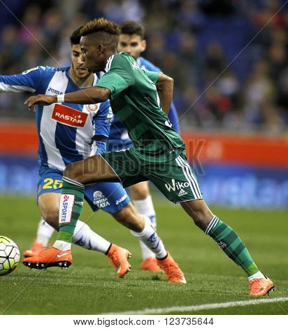 BARCELONA - MARCH, 3: Charly Musonda Junior of Real Betis during a Spanish League match against RCD Espanyol at the Power8 stadium on March 3, 2016 in Barcelona, Spain